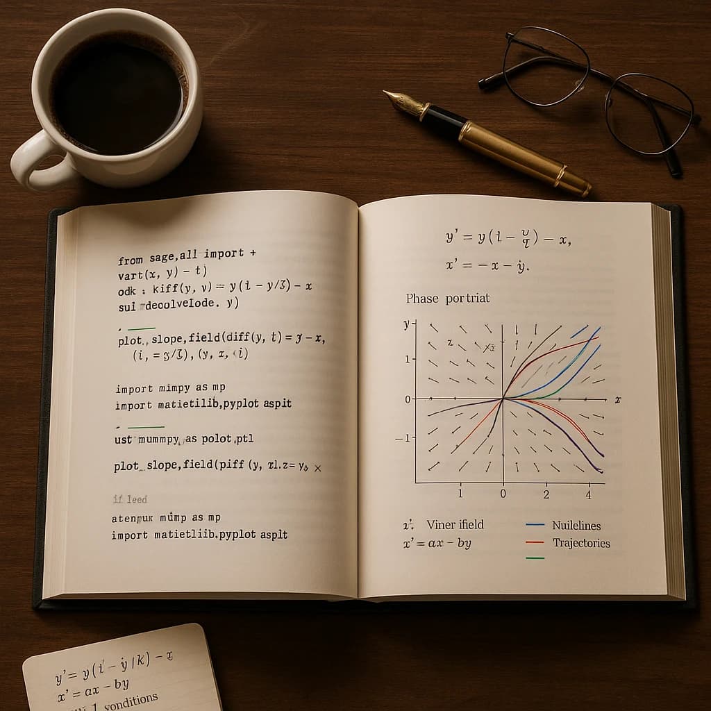 Ebook abierto con código SageMath, café, lentes y notas matemáticas